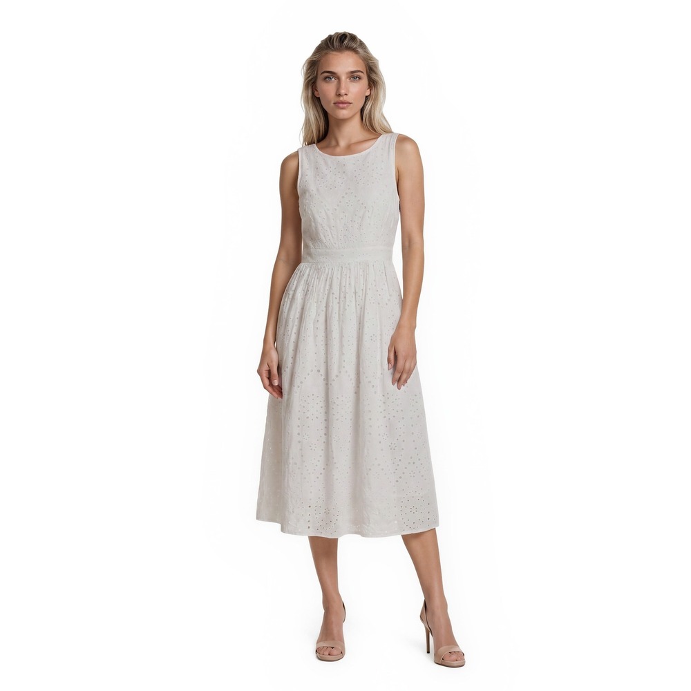 Scoop 100% Cotton White Eyelet Midi Dress Women's Size Medium 8-10 V‎ Back Bow